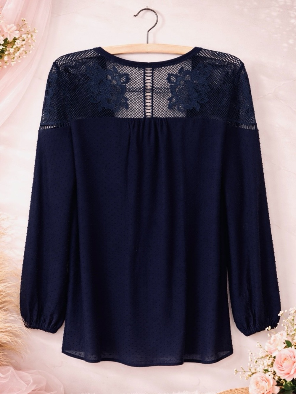 Open-Front Lace Yoke Tunic Cardigan -Navy - Picture 2 of 4